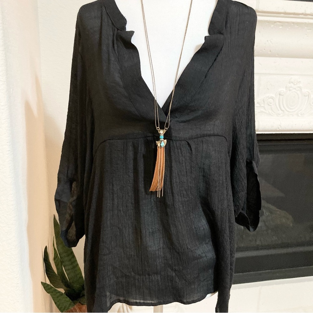 Vegan Leather Tassel Turquoise Accent Necklace Long